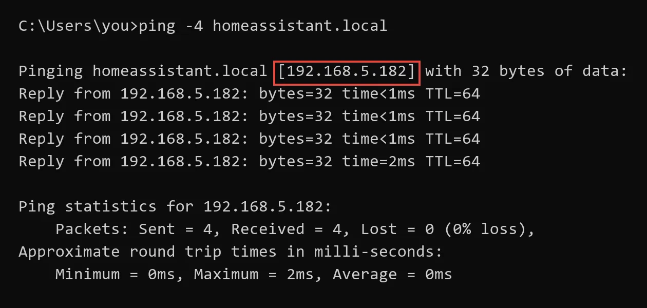Find the Home Assistant IP in the ping result