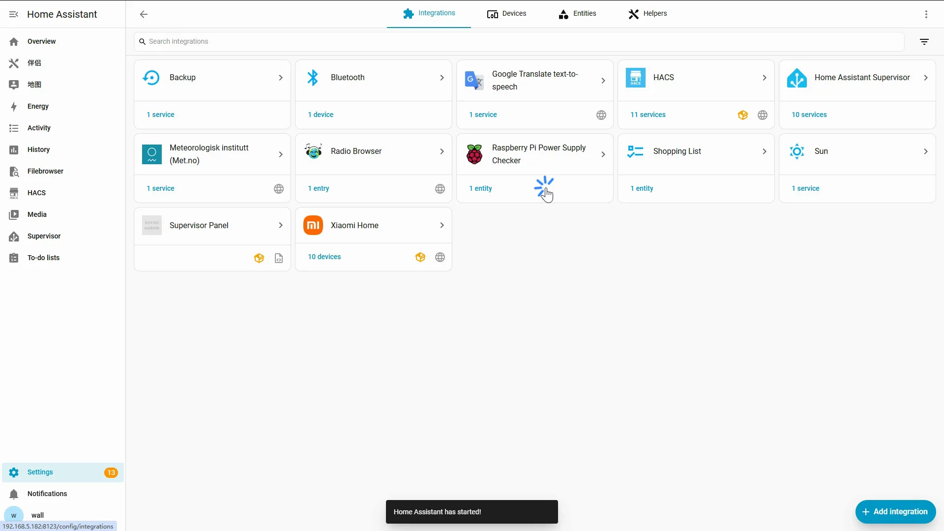 Home Assistant Devices & Services page