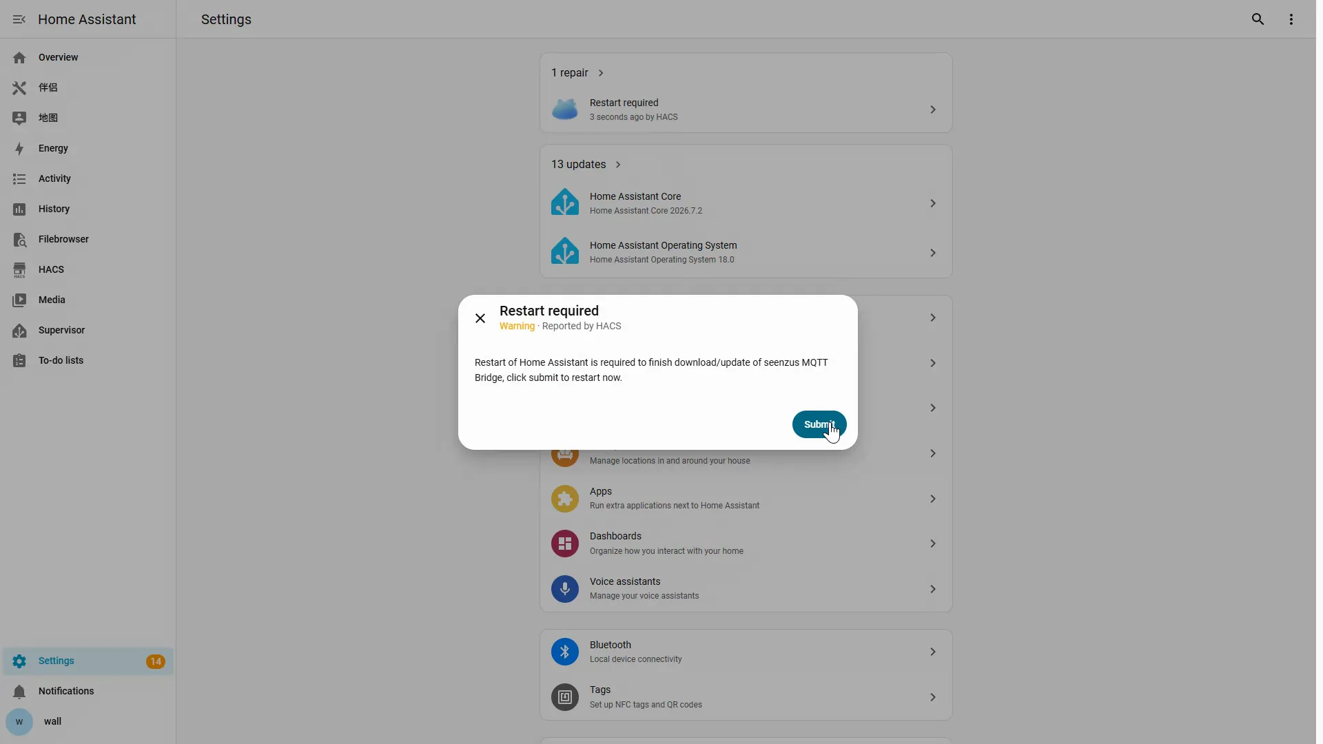 Submitting HACS's Restart required repair to restart Home Assistant